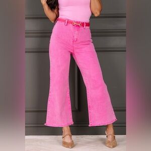 Zenana Acid Washed Frayed Cutoff Hem Straight Wide Jean Pants Hot Pink Large
